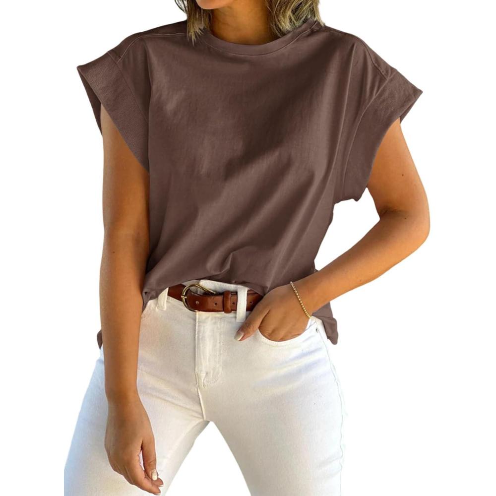 imageTankaneo Womens Summer Cap Sleeve Tank Top Crew Neck Solid Casual Loose Fit Basic Tee ShirtBrown