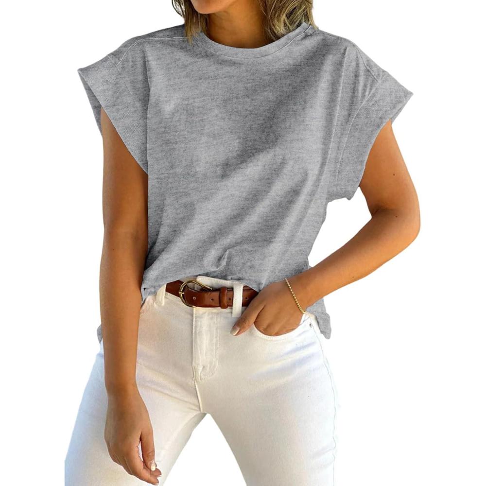 imageTankaneo Womens Summer Cap Sleeve Tank Top Crew Neck Solid Casual Loose Fit Basic Tee ShirtGrey