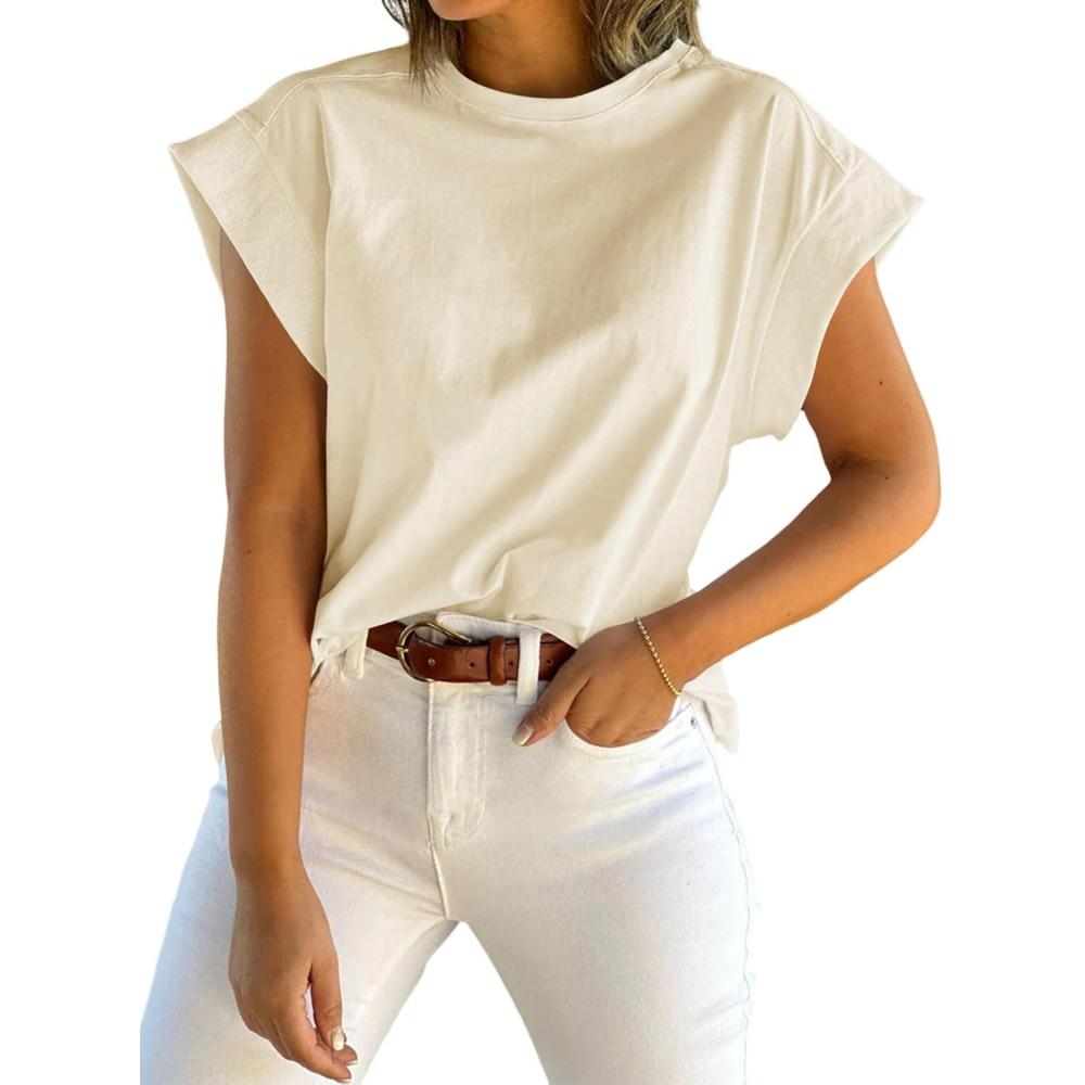 imageTankaneo Womens Summer Cap Sleeve Tank Top Crew Neck Solid Casual Loose Fit Basic Tee ShirtOffwhite