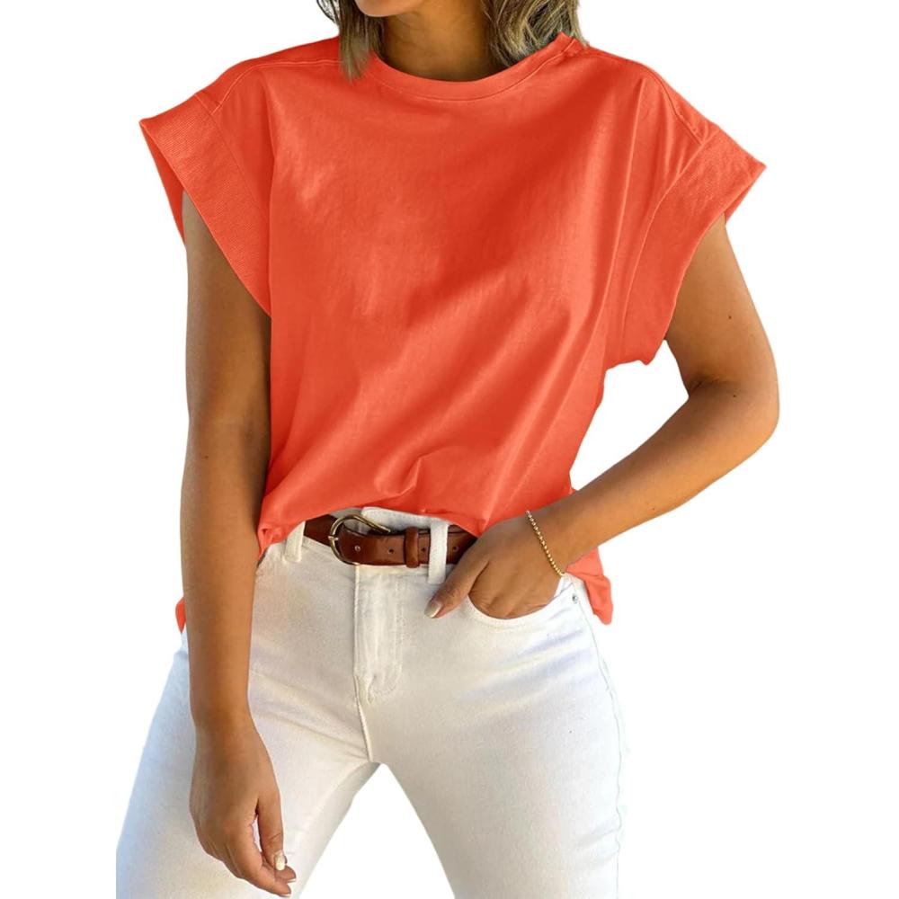 imageTankaneo Womens Summer Cap Sleeve Tank Top Crew Neck Solid Casual Loose Fit Basic Tee ShirtOrange