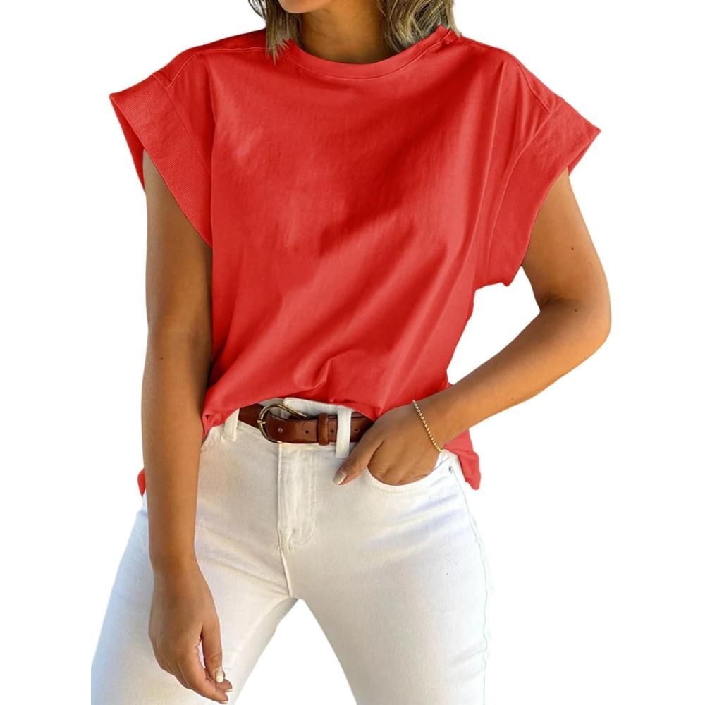 imageTankaneo Womens Summer Cap Sleeve Tank Top Crew Neck Solid Casual Loose Fit Basic Tee ShirtRed