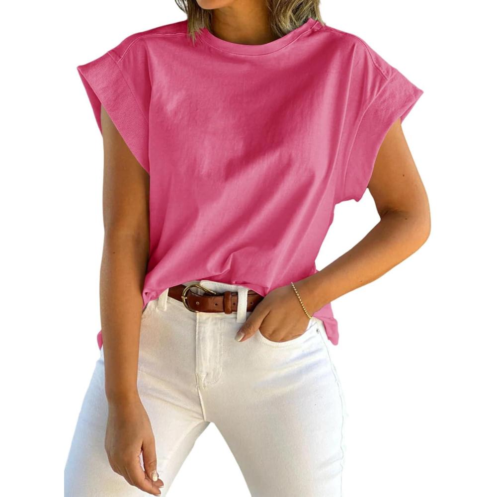 imageTankaneo Womens Summer Cap Sleeve Tank Top Crew Neck Solid Casual Loose Fit Basic Tee ShirtRose Red