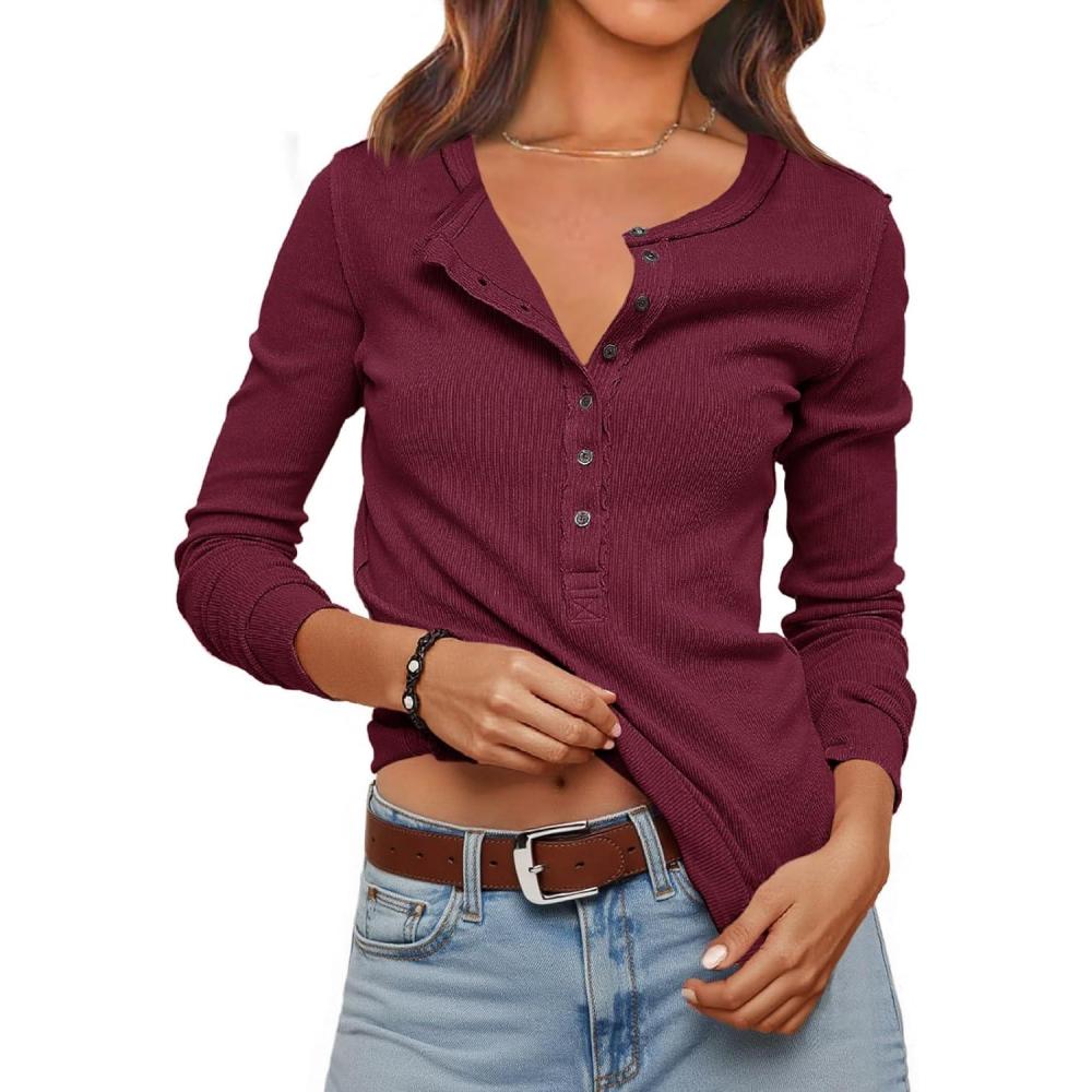 imageWomens Ribbed Knit Henley Shirts Fall Long Sleeve Tops Basic TShirts 2025 Trendy Casual BlousesBurgundy