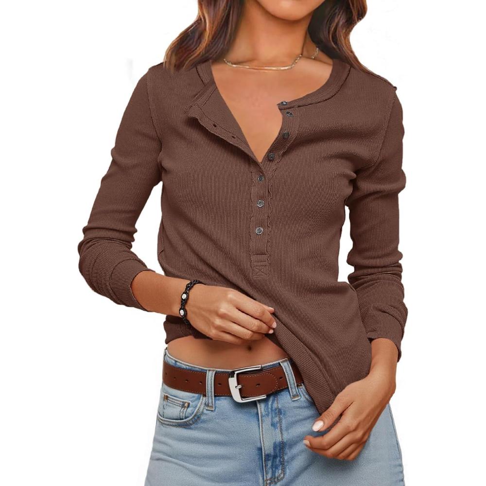 imageWomens Ribbed Knit Henley Shirts Fall Long Sleeve Tops Basic TShirts 2025 Trendy Casual BlousesCoffee
