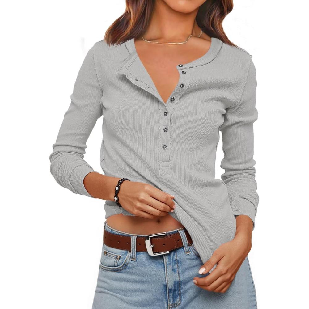 imageWomens Ribbed Knit Henley Shirts Fall Long Sleeve Tops Basic TShirts 2025 Trendy Casual BlousesGrey
