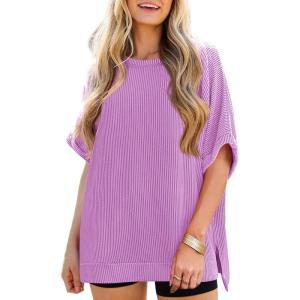 Tankaneo Womens Oversized T Shirts Summer Casual Ribbed Batwing Short Sleeve Tunic Tops Loose Fit Dolman Sleeve Tees(Purple)