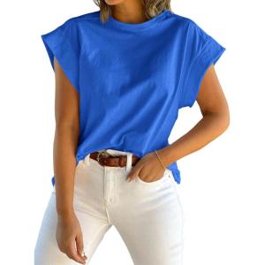 Tankaneo Womens Summer Cap Sleeve Tank Top Crew Neck Solid Casual Loose Fit Basic Tee Shirt(Royal Blue)