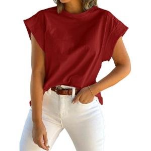 Tankaneo Womens Summer Cap Sleeve Tank Top Crew Neck Solid Casual Loose Fit Basic Tee Shirt(Wine Red)