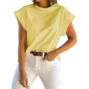 Tankaneo Womens Summer Cap Sleeve Tank Top Crew Neck Solid Casual Loose Fit Basic Tee Shirt(Yellow)