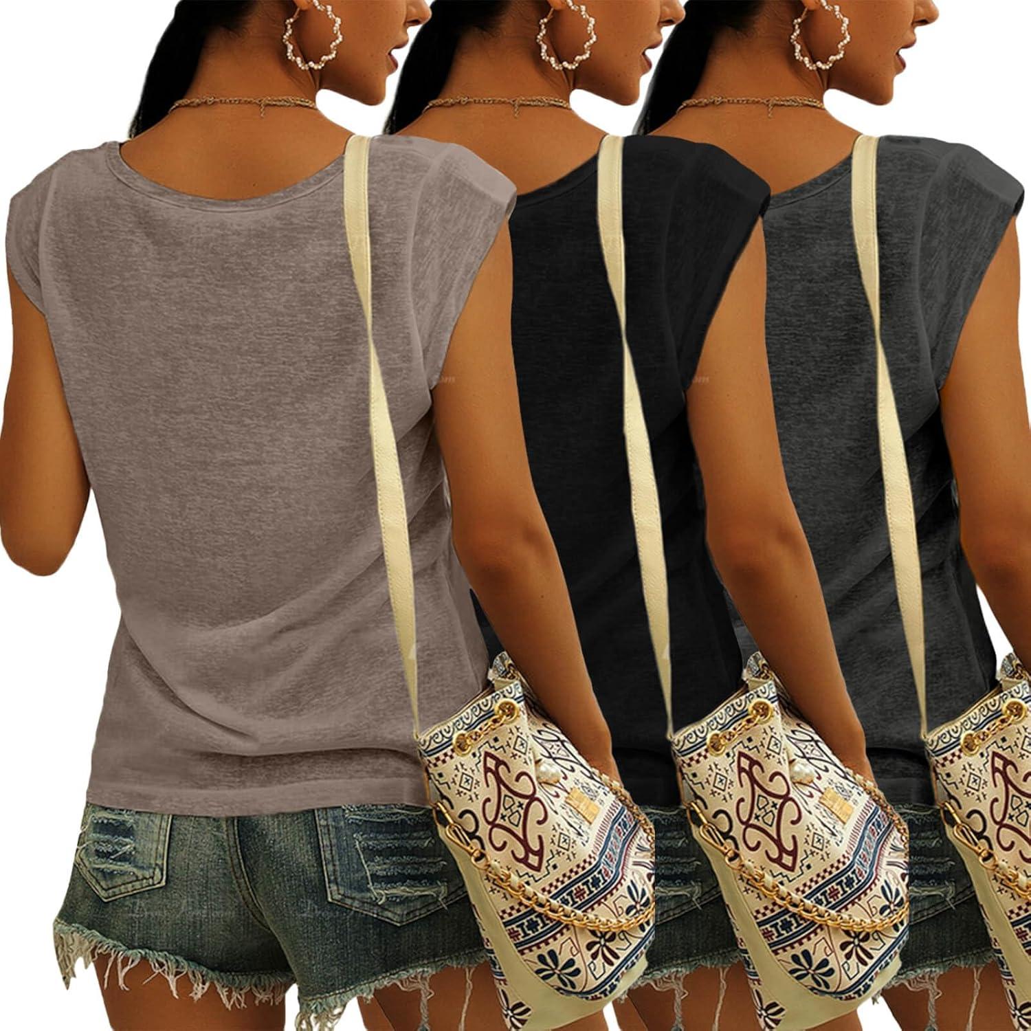 imageTankaneo 3 Pack Womens Cap Sleeve Tops V Neck Loose Fit Tshirts Spring Summer Casual Basic TeesBlack brown black Grey