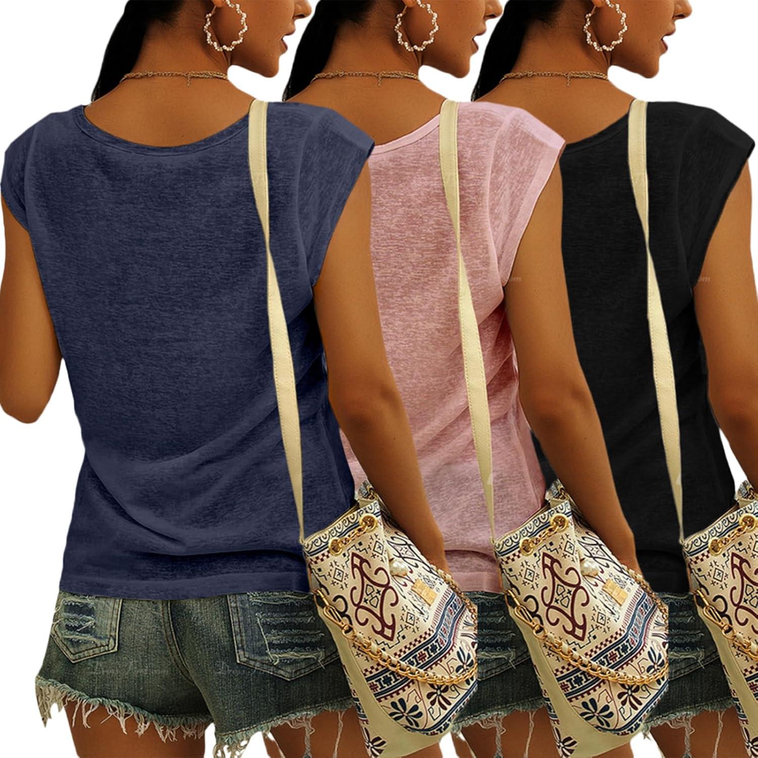 imageTankaneo 3 Pack Womens Cap Sleeve Tops V Neck Loose Fit Tshirts Spring Summer Casual Basic TeesNavy black pink