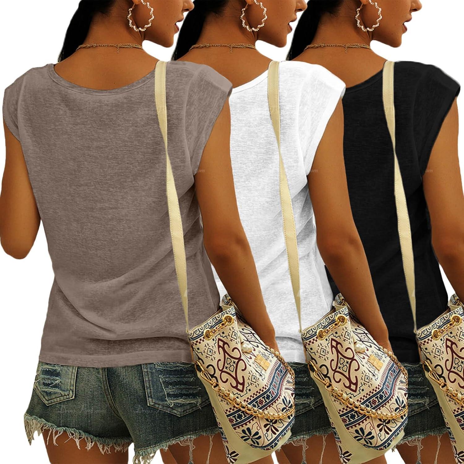 imageTankaneo 3 Pack Womens Cap Sleeve Tops V Neck Loose Fit Tshirts Spring Summer Casual Basic TeesWhite black brown