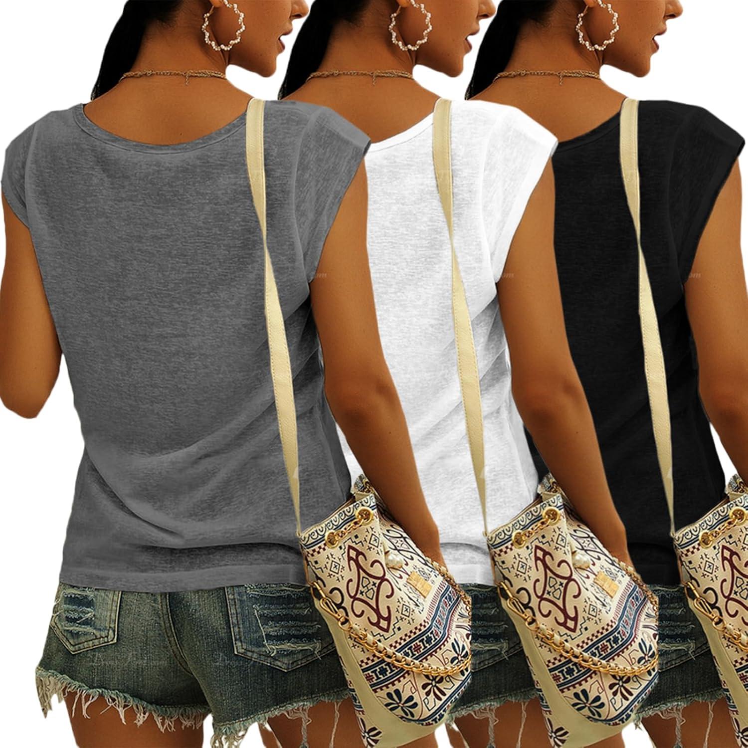 imageTankaneo 3 Pack Womens Cap Sleeve Tops V Neck Loose Fit Tshirts Spring Summer Casual Basic TeesWhite black grey