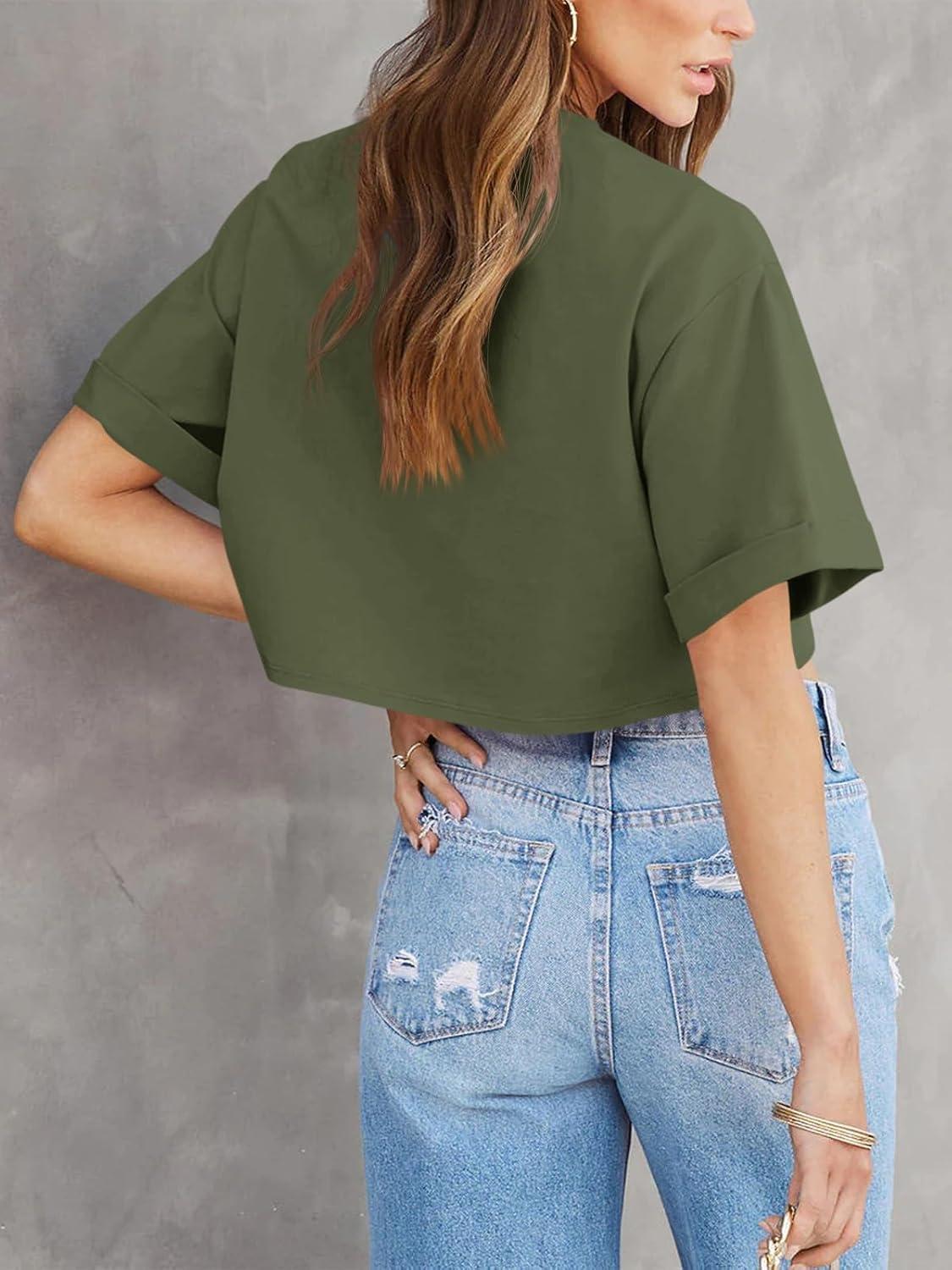 imageTankaneo Women Crop TShirts Half Sleeve Drop Shoulder Cropped Tops Y2K Casual Summer Basic TeesArmy Green