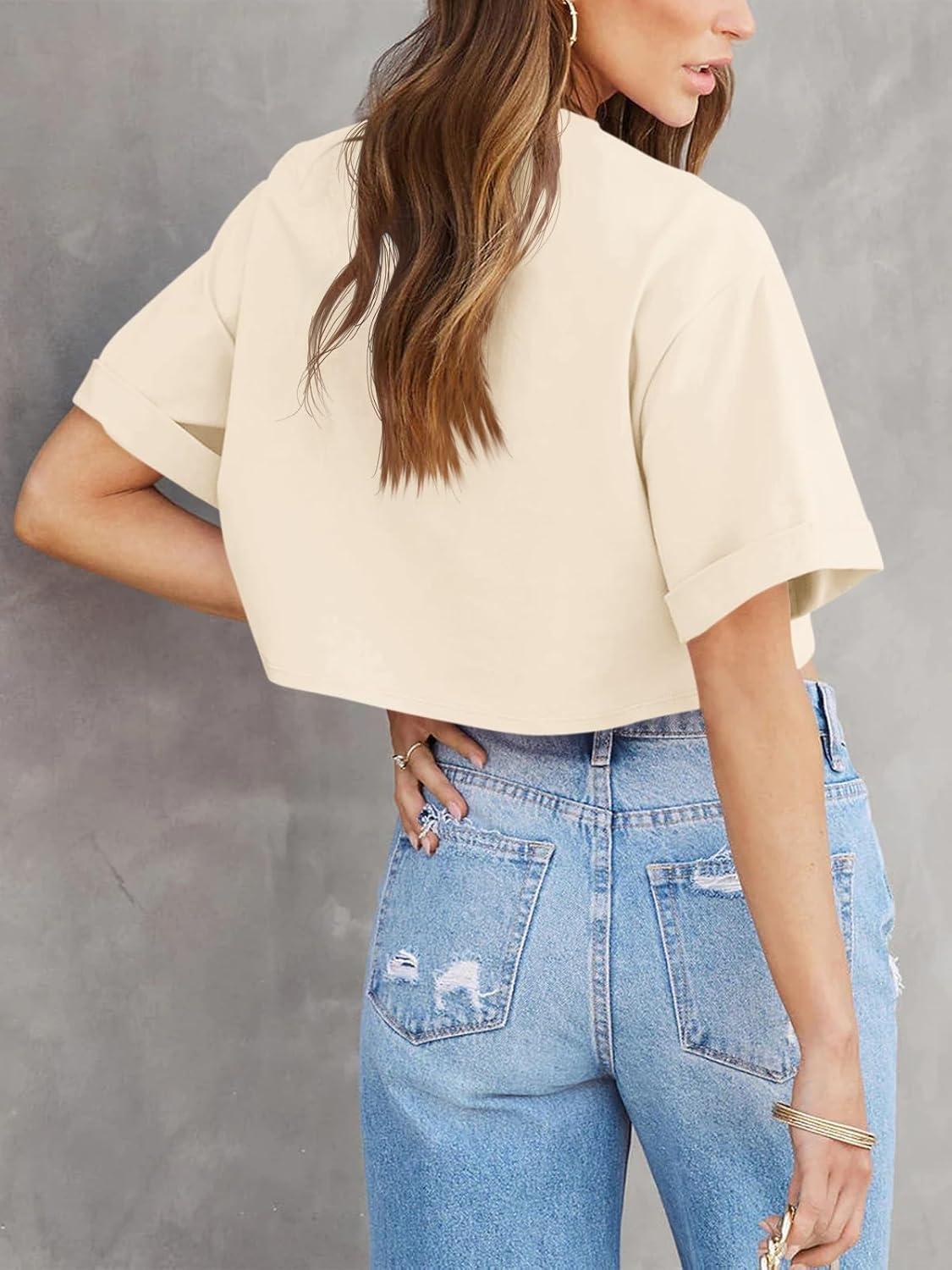 imageTankaneo Women Crop TShirts Half Sleeve Drop Shoulder Cropped Tops Y2K Casual Summer Basic TeesBeige
