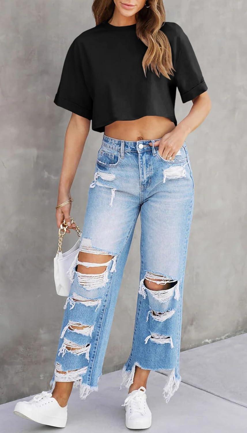 imageTankaneo Women Crop TShirts Half Sleeve Drop Shoulder Cropped Tops Y2K Casual Summer Basic TeesBlack