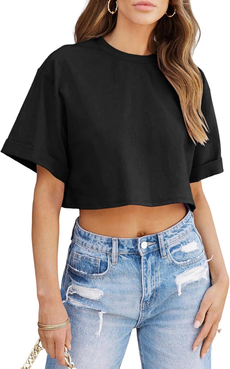 imageTankaneo Women Crop TShirts Half Sleeve Drop Shoulder Cropped Tops Y2K Casual Summer Basic TeesBlack