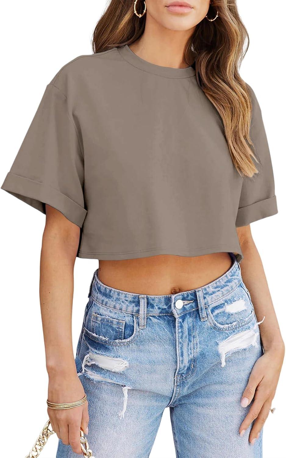 imageTankaneo Women Crop TShirts Half Sleeve Drop Shoulder Cropped Tops Y2K Casual Summer Basic TeesCoffee