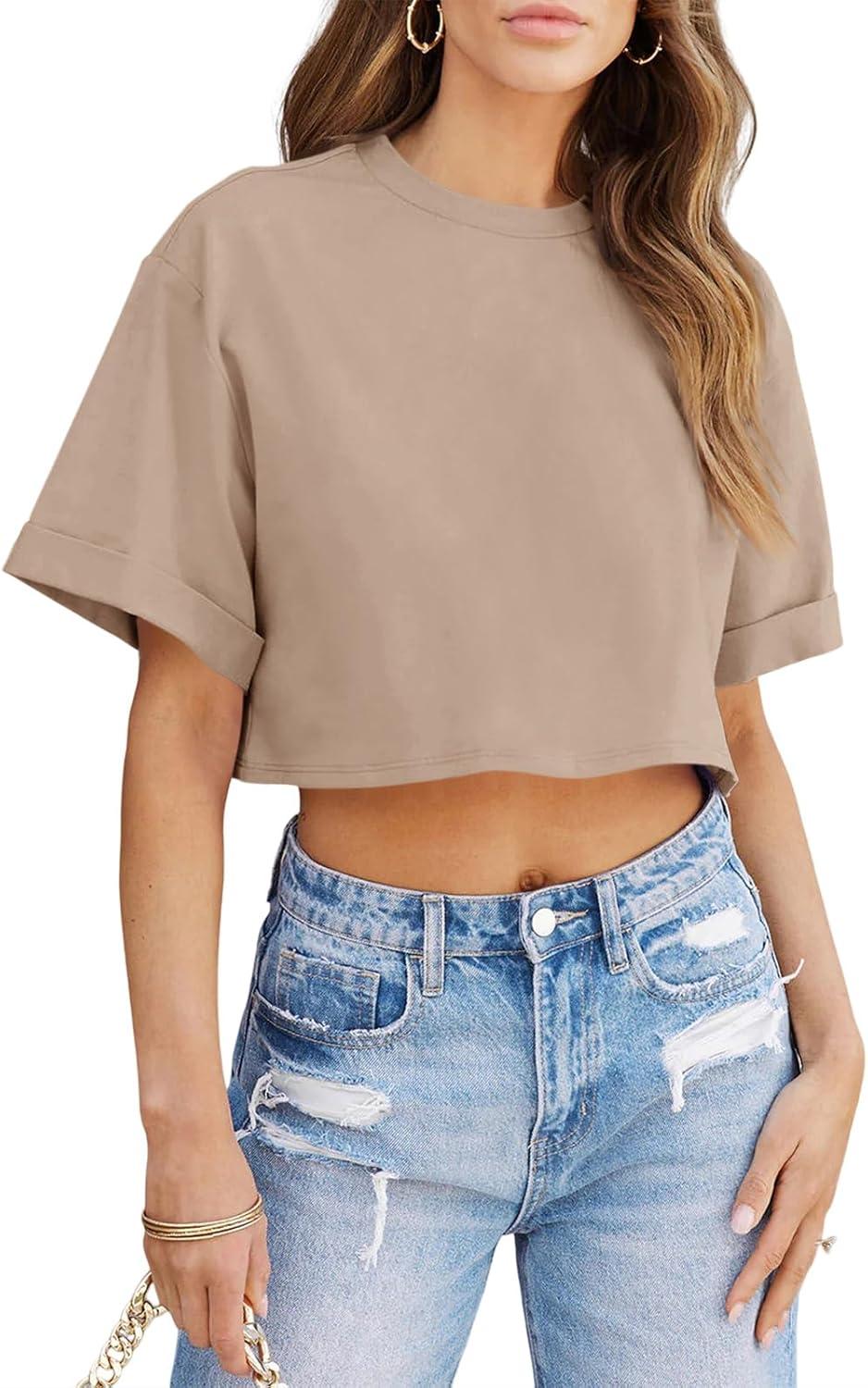 imageTankaneo Women Crop TShirts Half Sleeve Drop Shoulder Cropped Tops Y2K Casual Summer Basic TeesDark Khaki