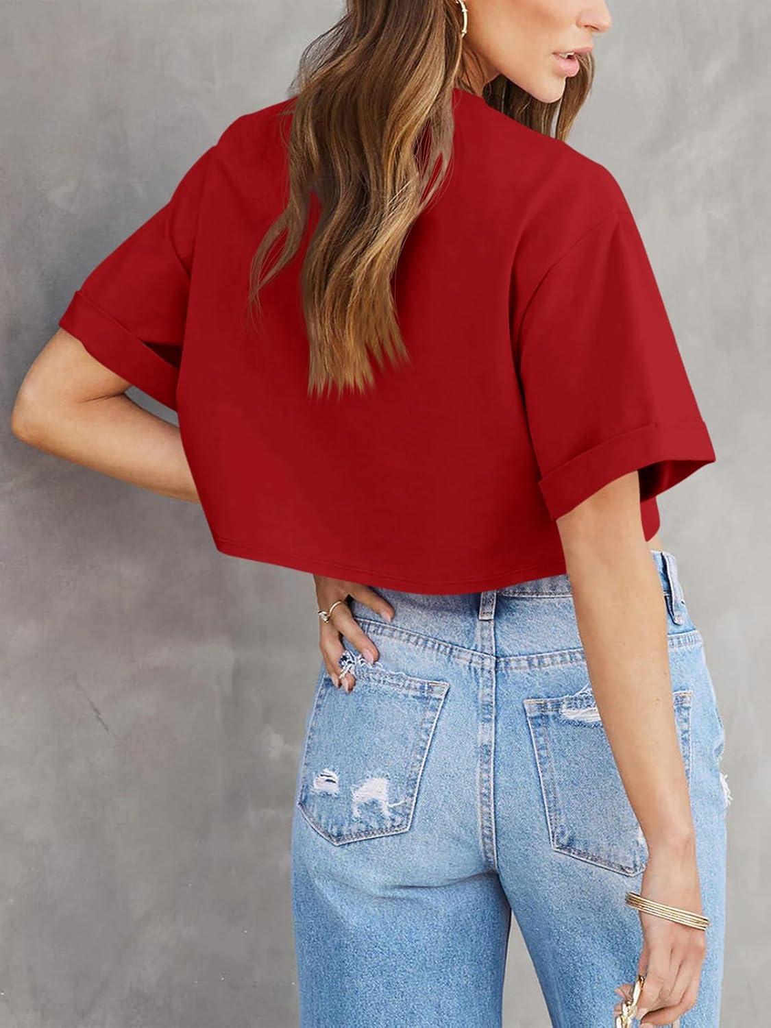 imageTankaneo Women Crop TShirts Half Sleeve Drop Shoulder Cropped Tops Y2K Casual Summer Basic TeesDark Red