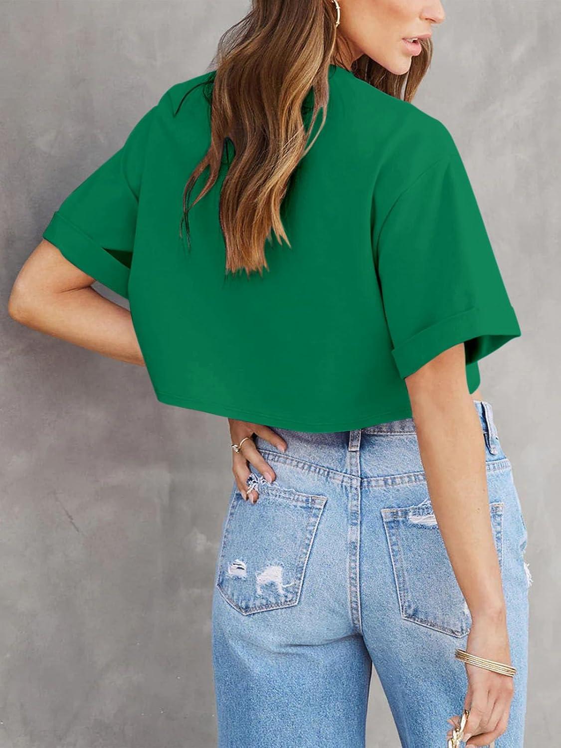 imageTankaneo Women Crop TShirts Half Sleeve Drop Shoulder Cropped Tops Y2K Casual Summer Basic TeesGreen