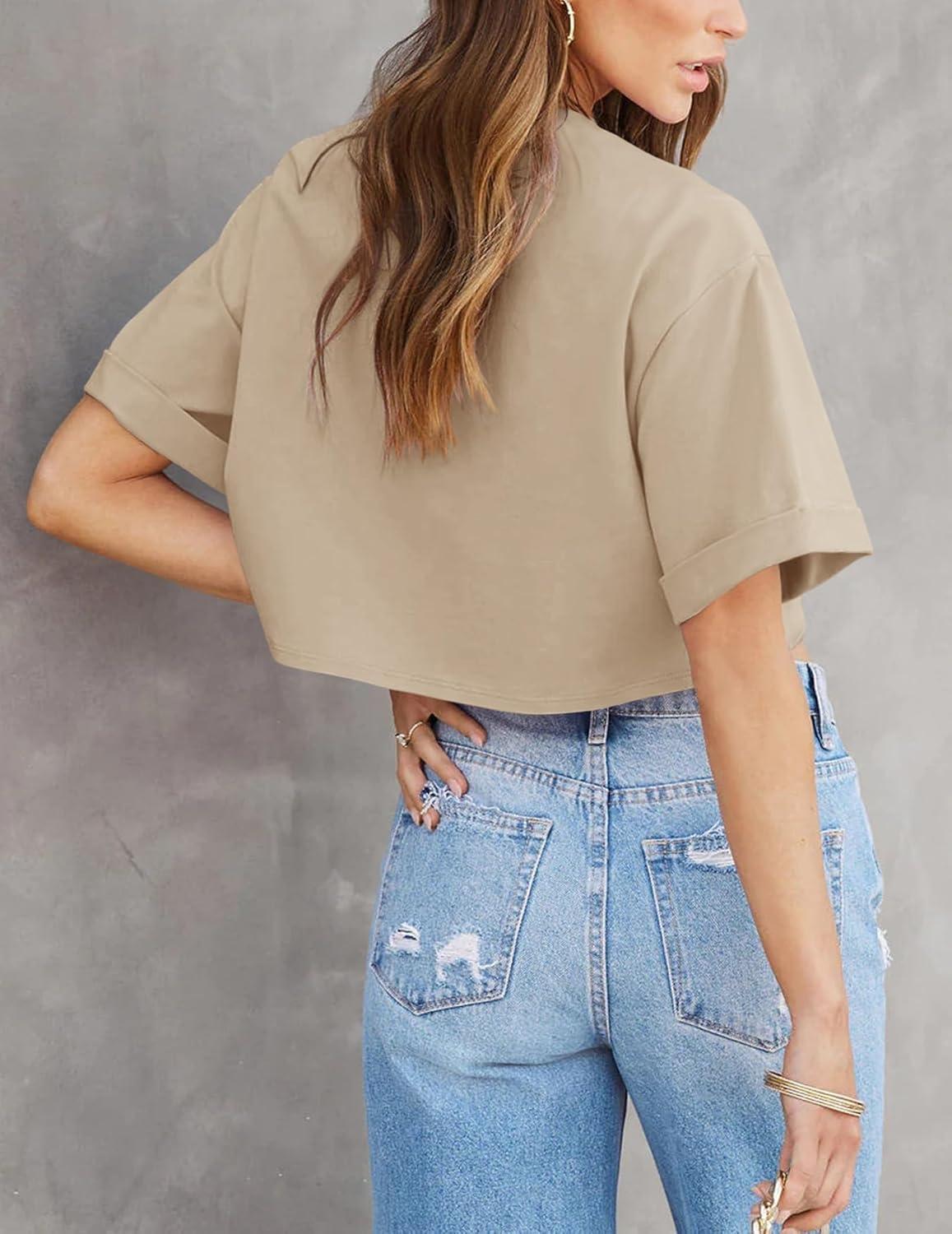 imageTankaneo Women Crop TShirts Half Sleeve Drop Shoulder Cropped Tops Y2K Casual Summer Basic TeesKhaki