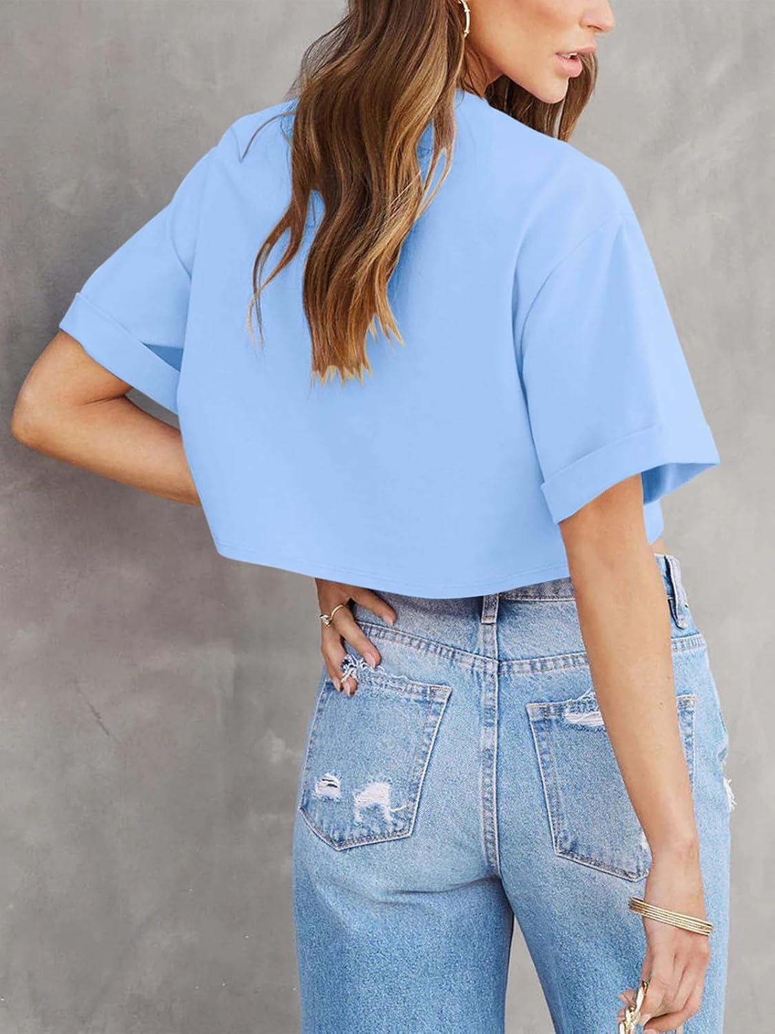 imageTankaneo Women Crop TShirts Half Sleeve Drop Shoulder Cropped Tops Y2K Casual Summer Basic TeesLight Blue