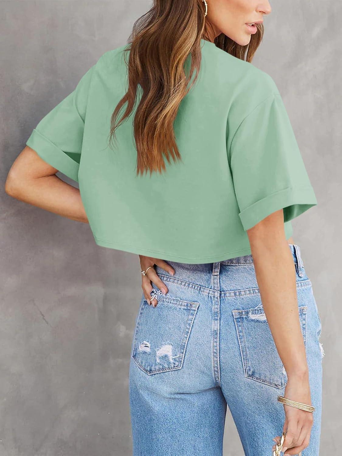 imageTankaneo Women Crop TShirts Half Sleeve Drop Shoulder Cropped Tops Y2K Casual Summer Basic TeesLight Green