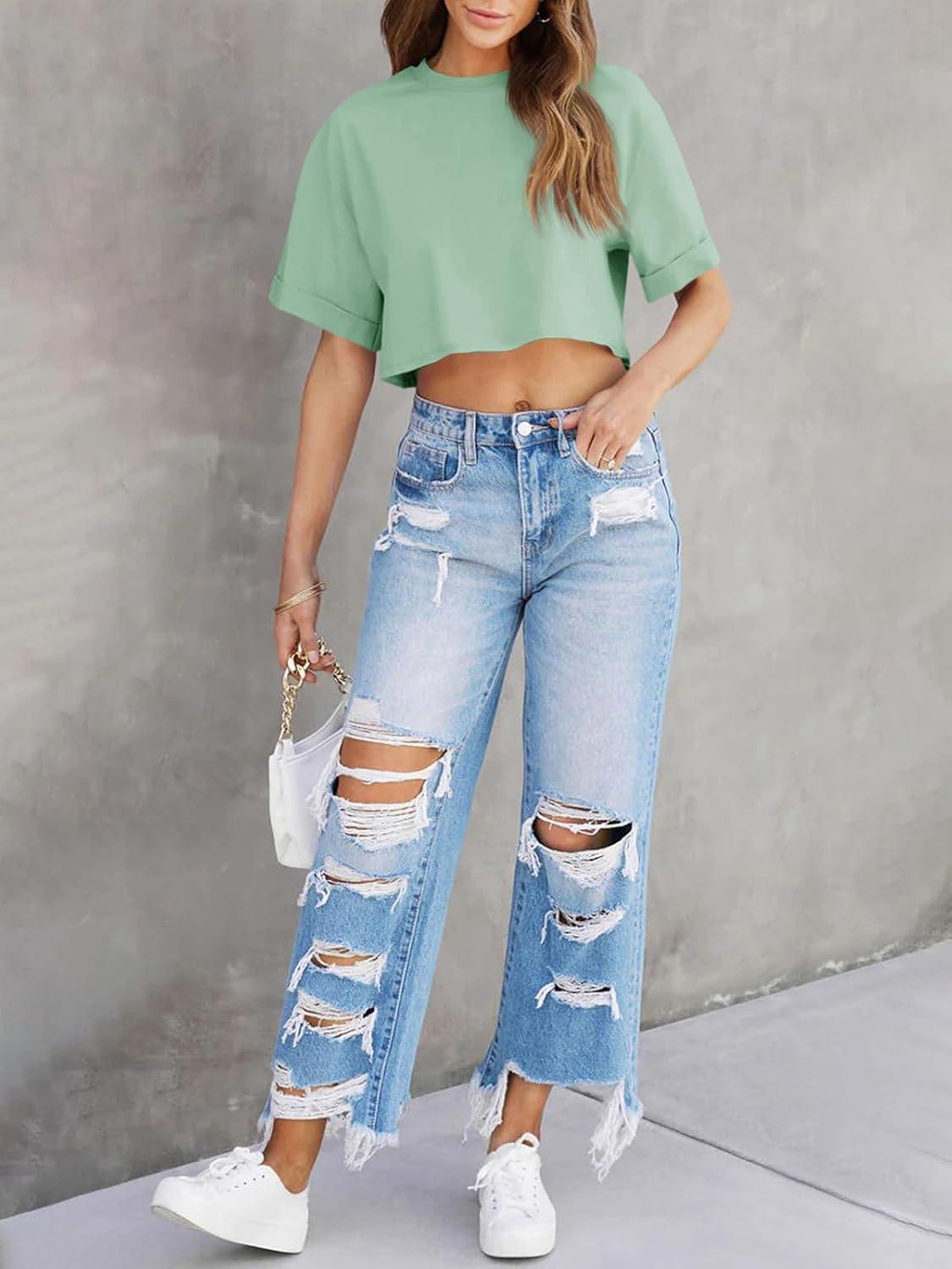 imageTankaneo Women Crop TShirts Half Sleeve Drop Shoulder Cropped Tops Y2K Casual Summer Basic TeesLight Green