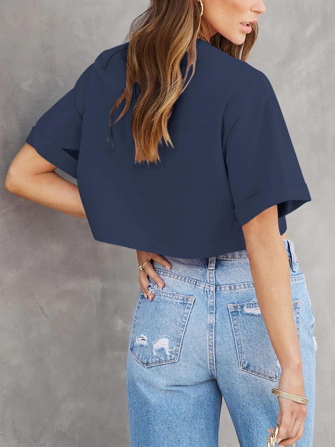 imageTankaneo Women Crop TShirts Half Sleeve Drop Shoulder Cropped Tops Y2K Casual Summer Basic TeesNavy
