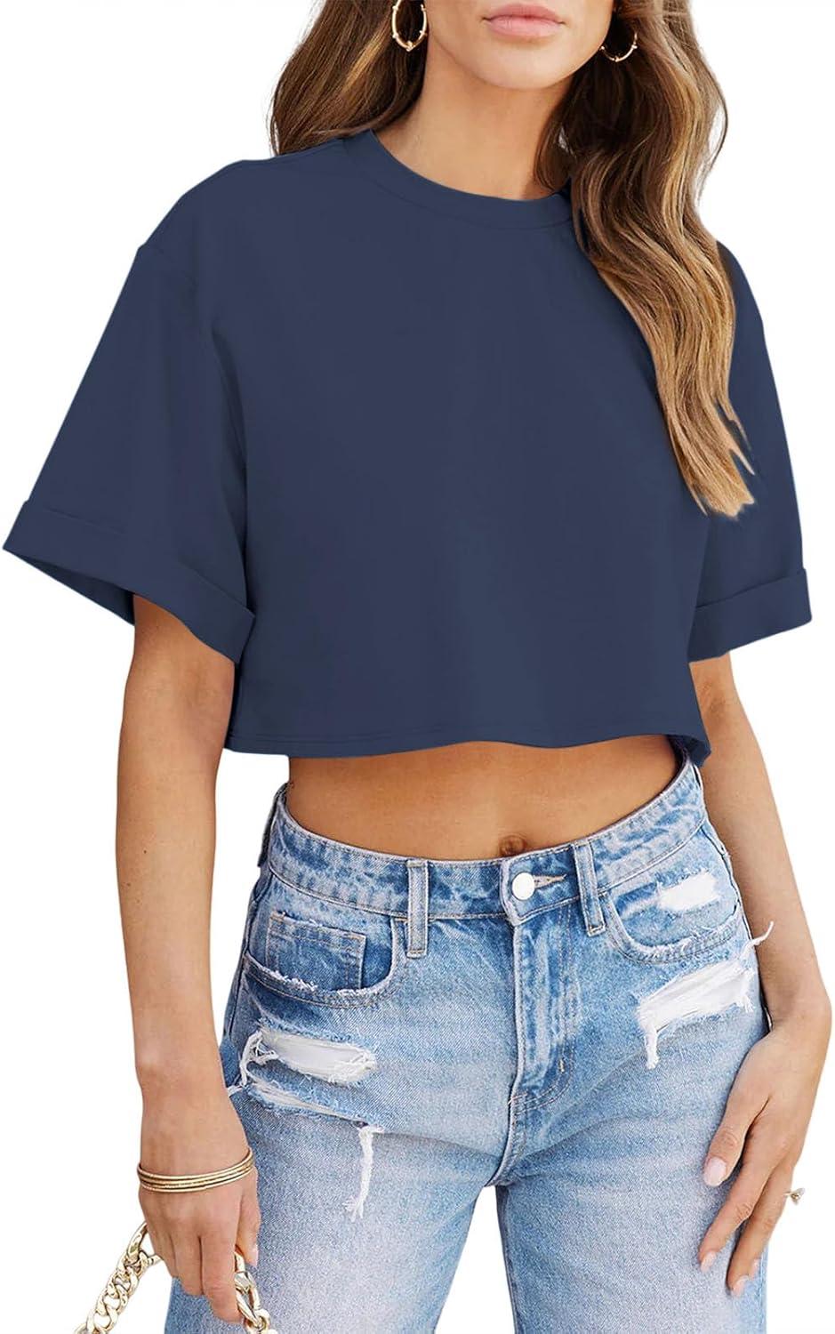 imageTankaneo Women Crop TShirts Half Sleeve Drop Shoulder Cropped Tops Y2K Casual Summer Basic TeesNavy