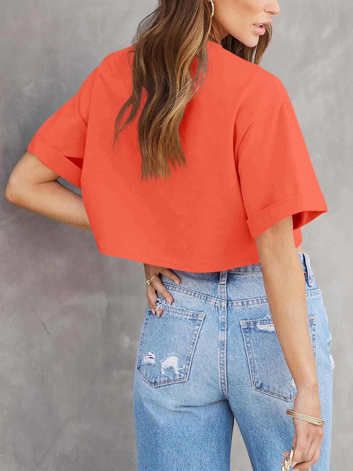 imageTankaneo Women Crop TShirts Half Sleeve Drop Shoulder Cropped Tops Y2K Casual Summer Basic TeesOrange