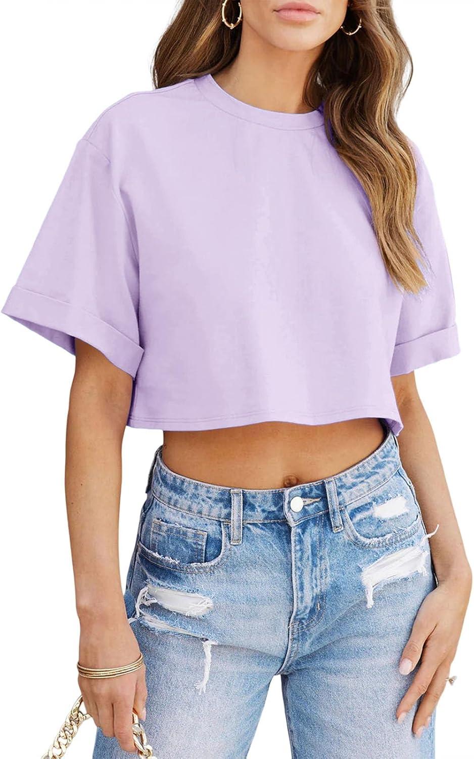 imageTankaneo Women Crop TShirts Half Sleeve Drop Shoulder Cropped Tops Y2K Casual Summer Basic TeesPurple