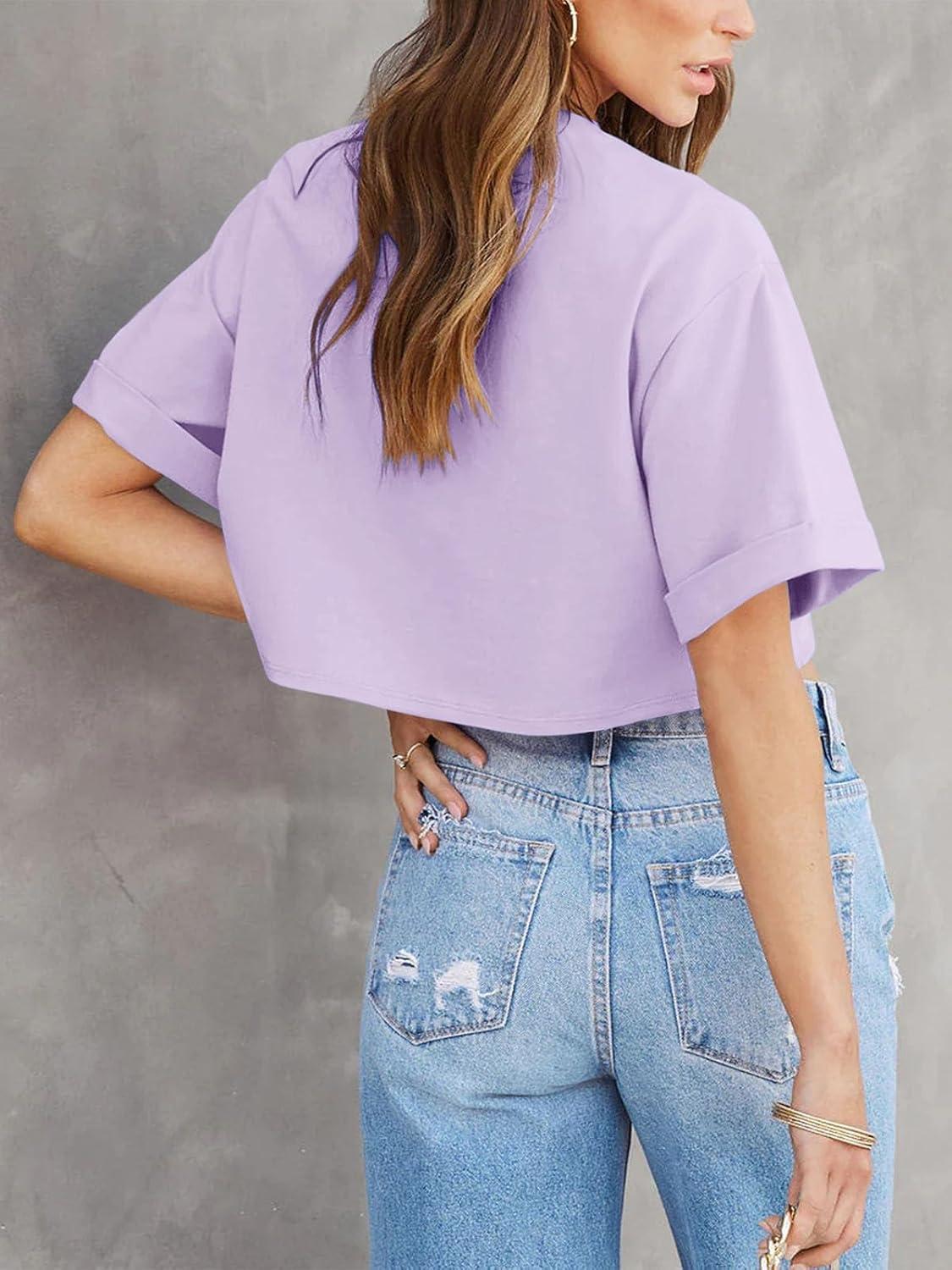 imageTankaneo Women Crop TShirts Half Sleeve Drop Shoulder Cropped Tops Y2K Casual Summer Basic TeesPurple