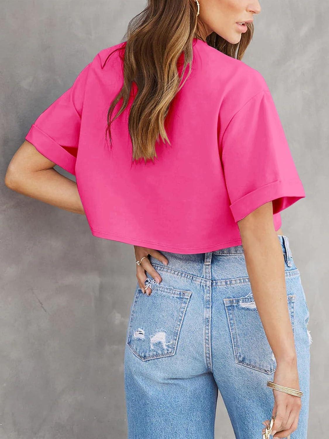 imageTankaneo Women Crop TShirts Half Sleeve Drop Shoulder Cropped Tops Y2K Casual Summer Basic TeesRose Red