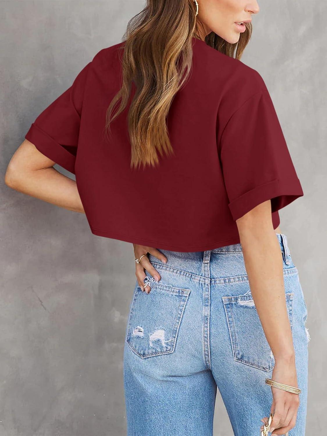 imageTankaneo Women Crop TShirts Half Sleeve Drop Shoulder Cropped Tops Y2K Casual Summer Basic TeesWine Red