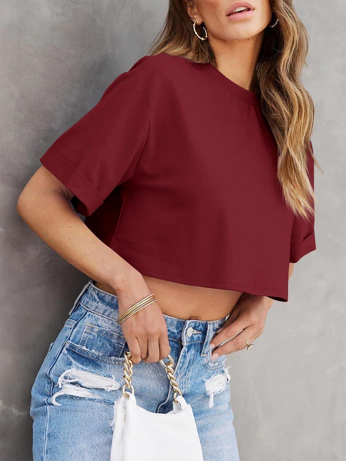 imageTankaneo Women Crop TShirts Half Sleeve Drop Shoulder Cropped Tops Y2K Casual Summer Basic TeesWine Red