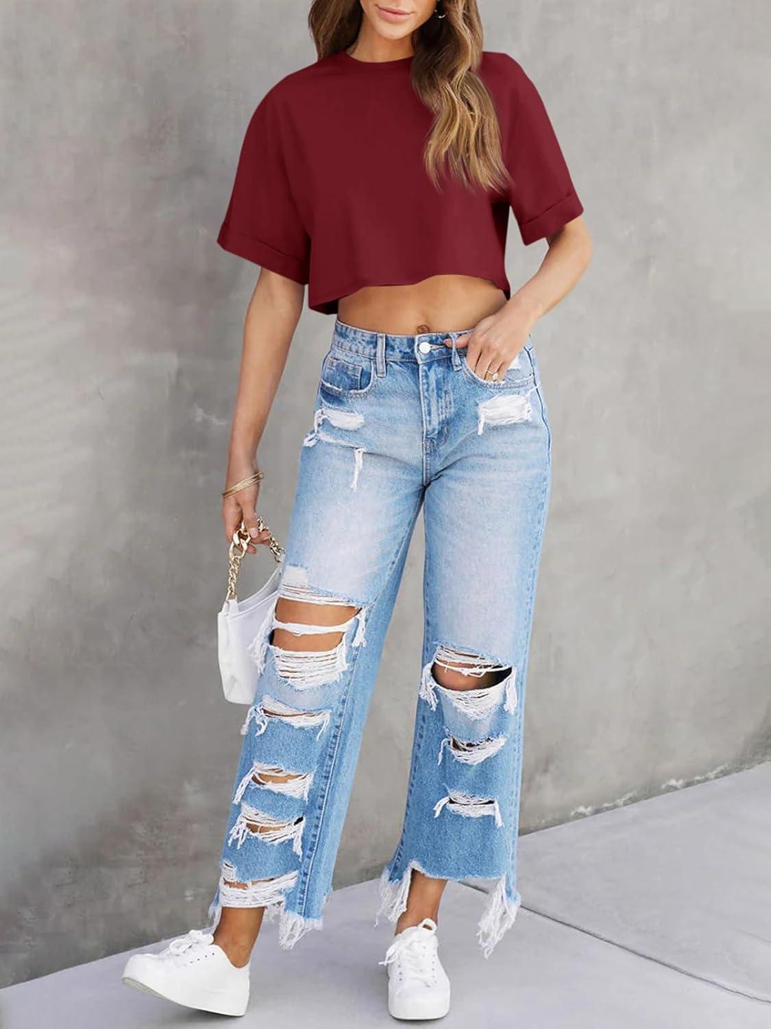 imageTankaneo Women Crop TShirts Half Sleeve Drop Shoulder Cropped Tops Y2K Casual Summer Basic TeesWine Red