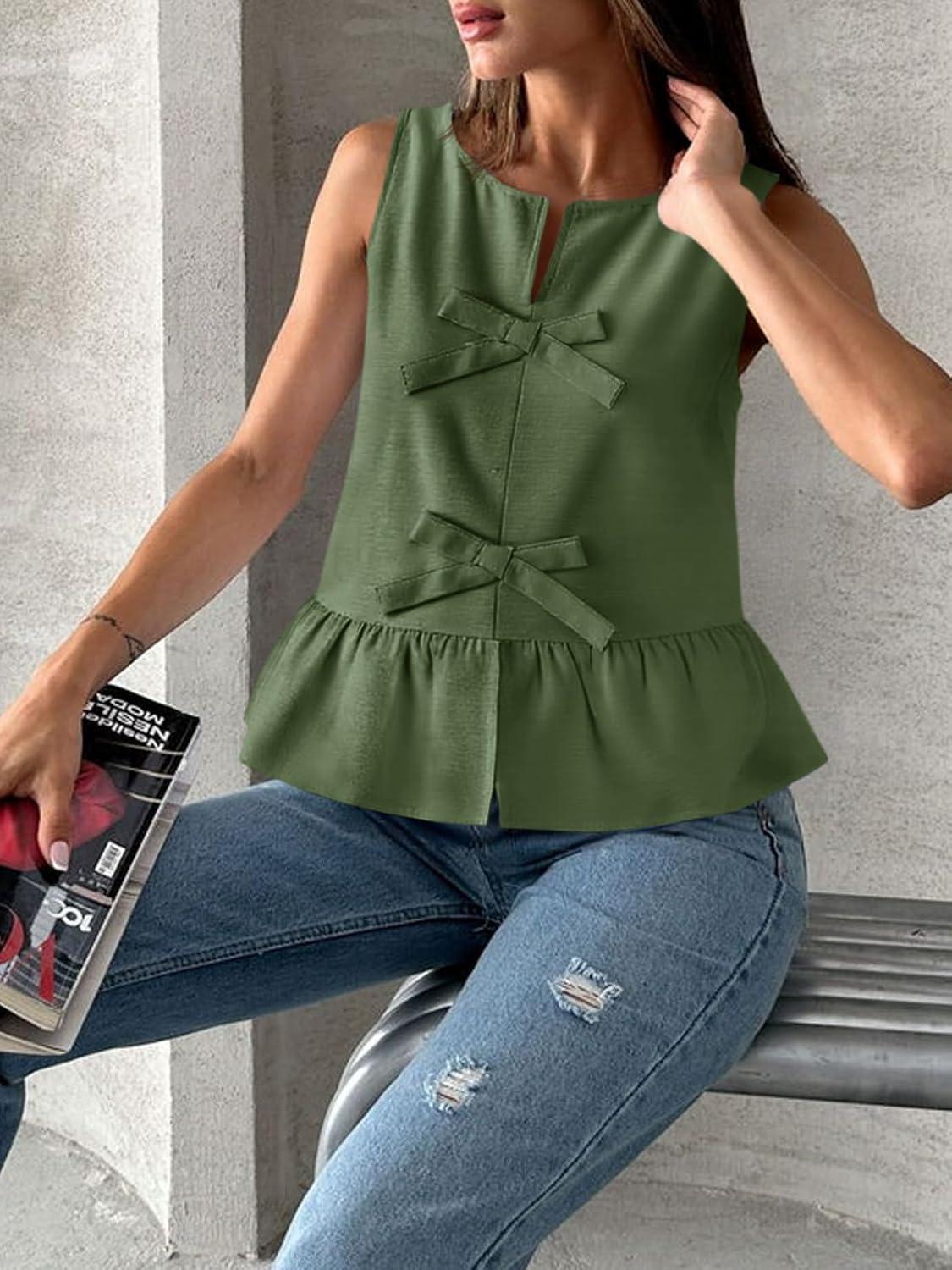 imageTankaneo Womens Bow Peplum Tank Tops Summer Sleeveless Babydoll Cotton Blouses Loose Fit Flowy Casual ShirtsArmy Green