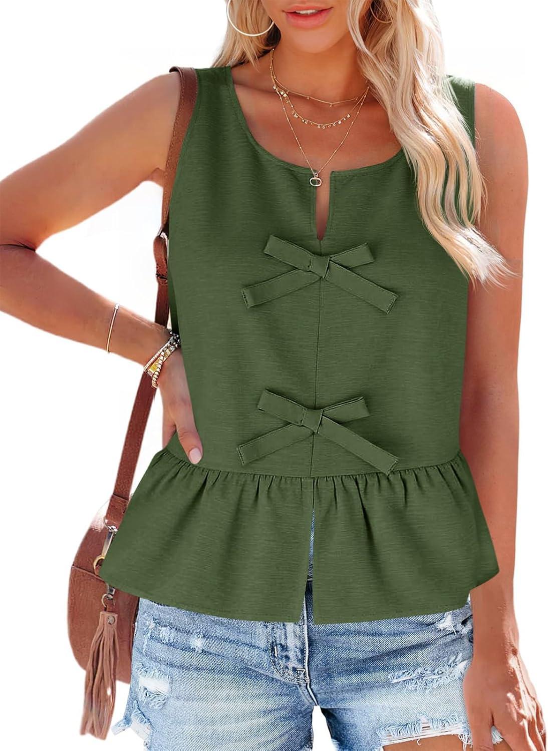 imageTankaneo Womens Bow Peplum Tank Tops Summer Sleeveless Babydoll Cotton Blouses Loose Fit Flowy Casual ShirtsArmy Green