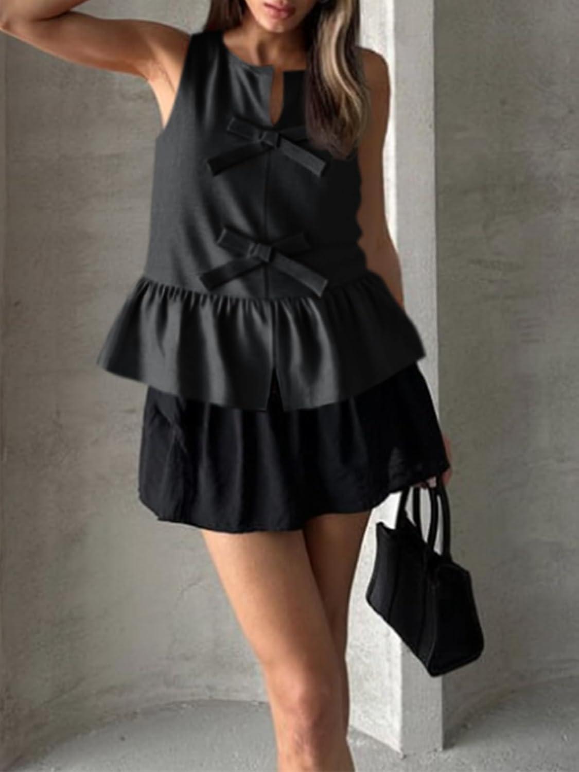 imageTankaneo Womens Bow Peplum Tank Tops Summer Sleeveless Babydoll Cotton Blouses Loose Fit Flowy Casual ShirtsBlack