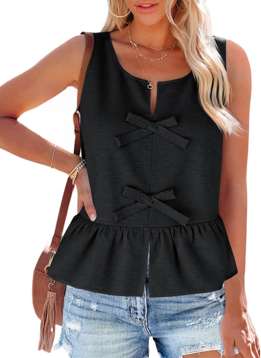 imageTankaneo Womens Bow Peplum Tank Tops Summer Sleeveless Babydoll Cotton Blouses Loose Fit Flowy Casual ShirtsBlack