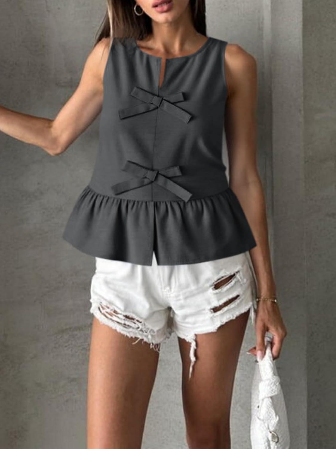 imageTankaneo Womens Bow Peplum Tank Tops Summer Sleeveless Babydoll Cotton Blouses Loose Fit Flowy Casual ShirtsBlack