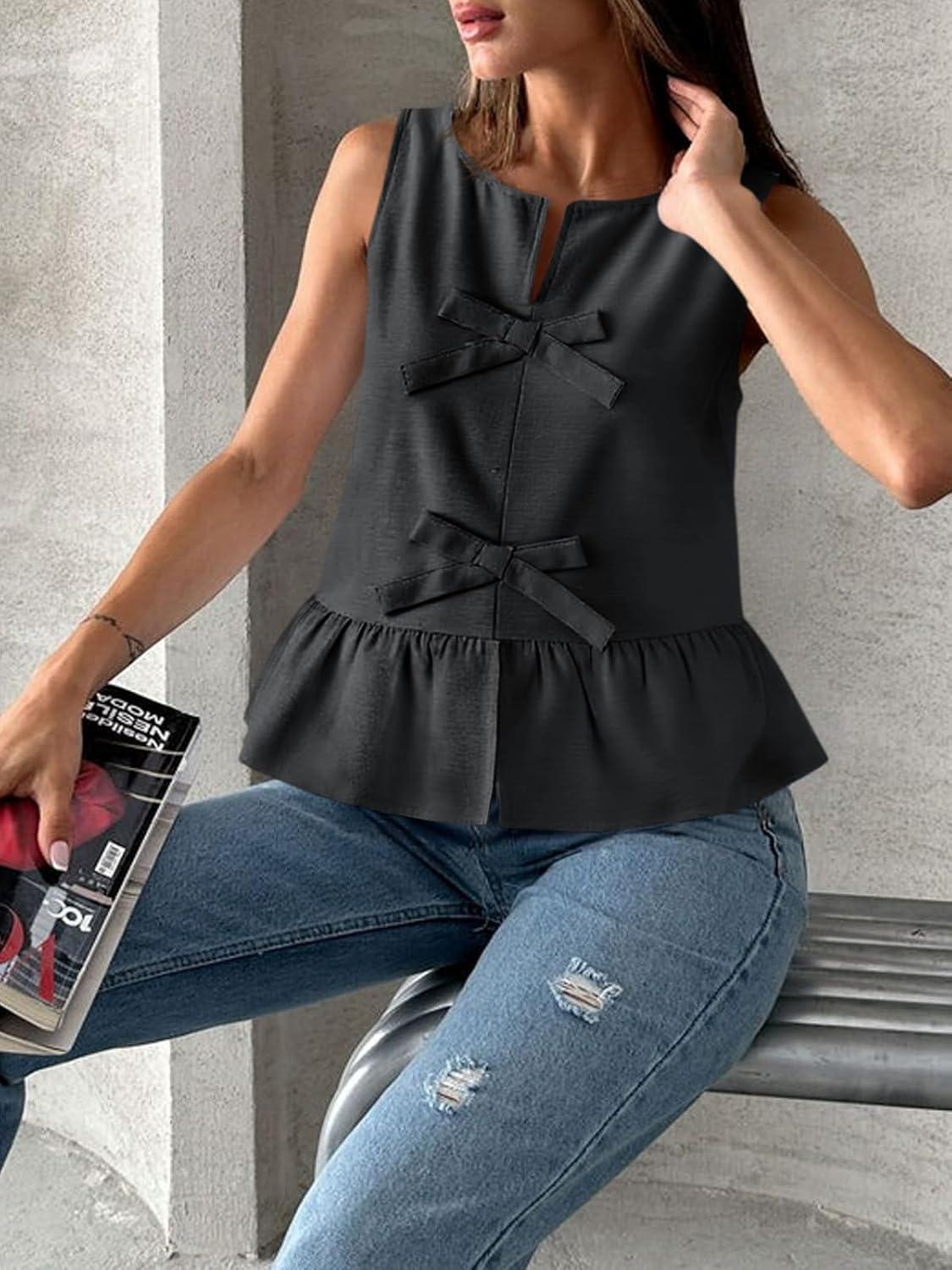 imageTankaneo Womens Bow Peplum Tank Tops Summer Sleeveless Babydoll Cotton Blouses Loose Fit Flowy Casual ShirtsBlack