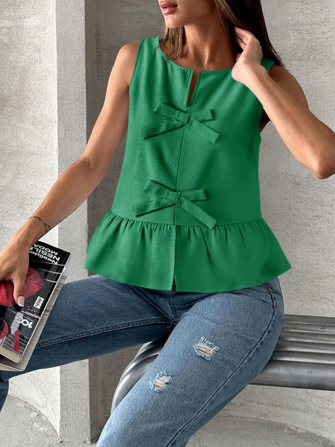 imageTankaneo Womens Bow Peplum Tank Tops Summer Sleeveless Babydoll Cotton Blouses Loose Fit Flowy Casual ShirtsGreen