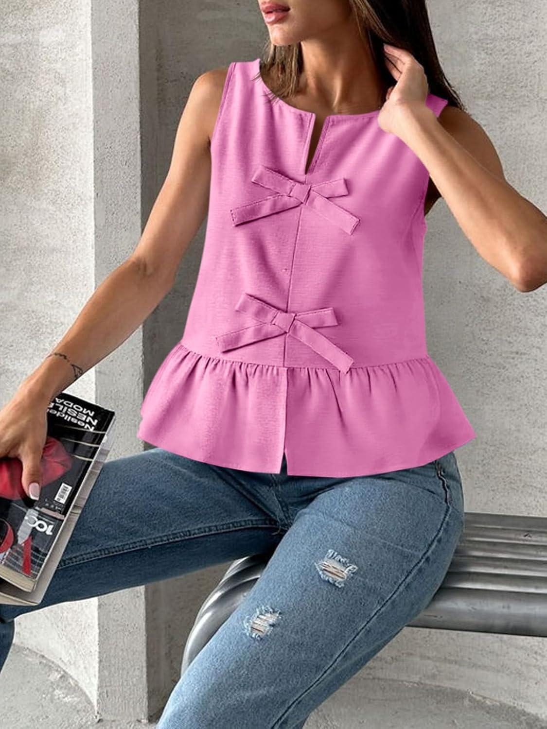 imageTankaneo Womens Bow Peplum Tank Tops Summer Sleeveless Babydoll Cotton Blouses Loose Fit Flowy Casual ShirtsHot Pink