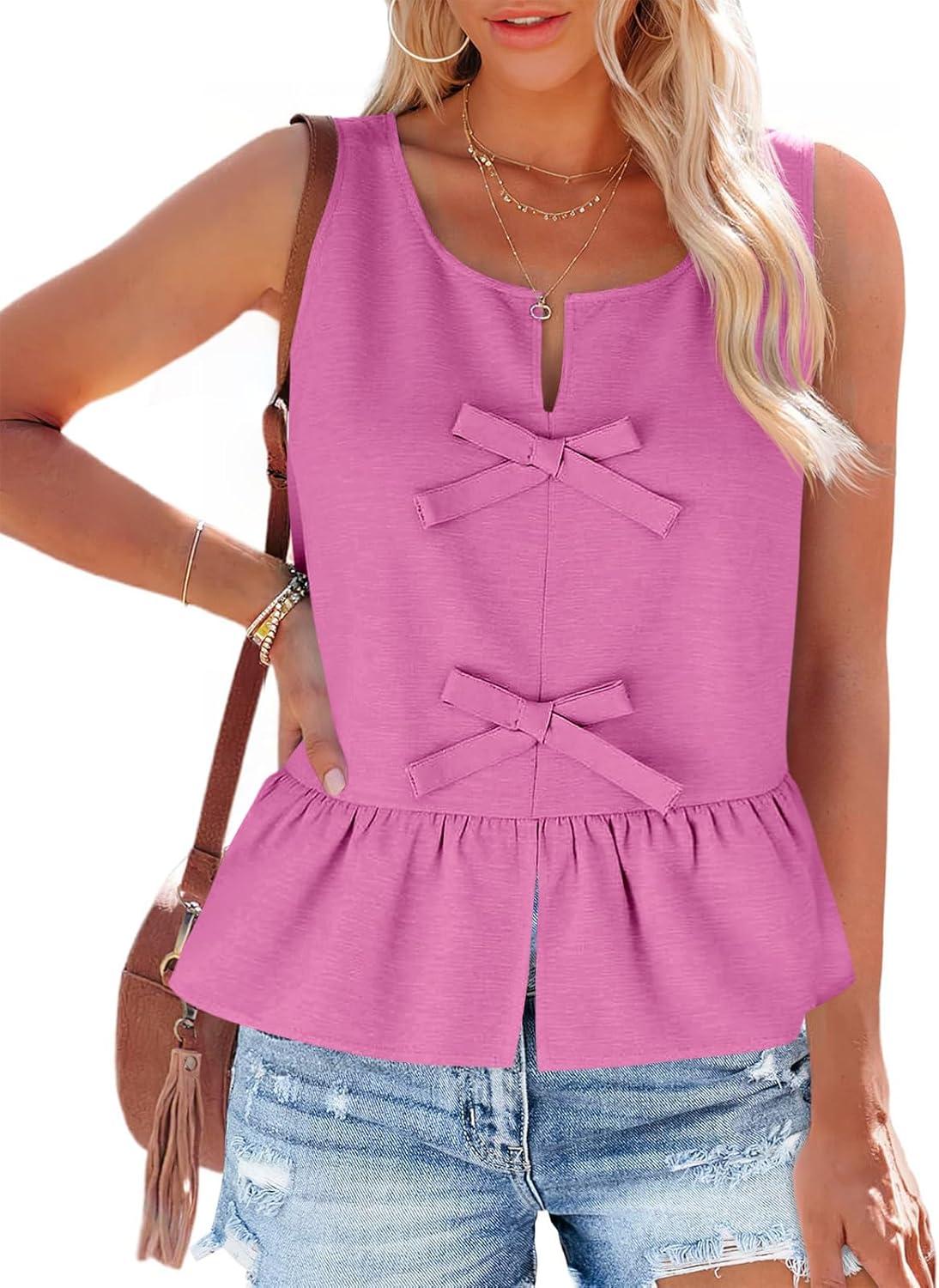 imageTankaneo Womens Bow Peplum Tank Tops Summer Sleeveless Babydoll Cotton Blouses Loose Fit Flowy Casual ShirtsHot Pink