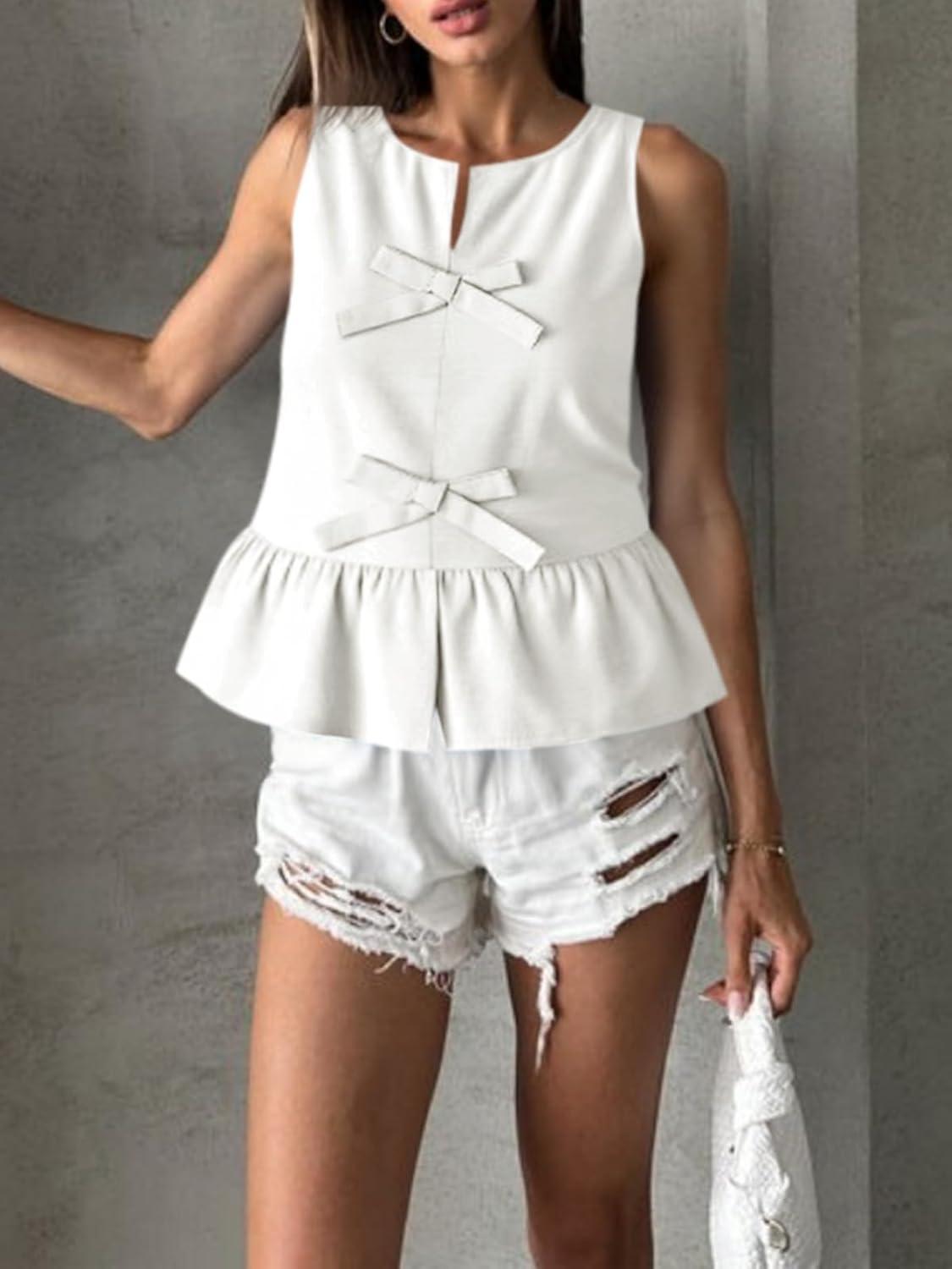 imageTankaneo Womens Bow Peplum Tank Tops Summer Sleeveless Babydoll Cotton Blouses Loose Fit Flowy Casual ShirtsWhite