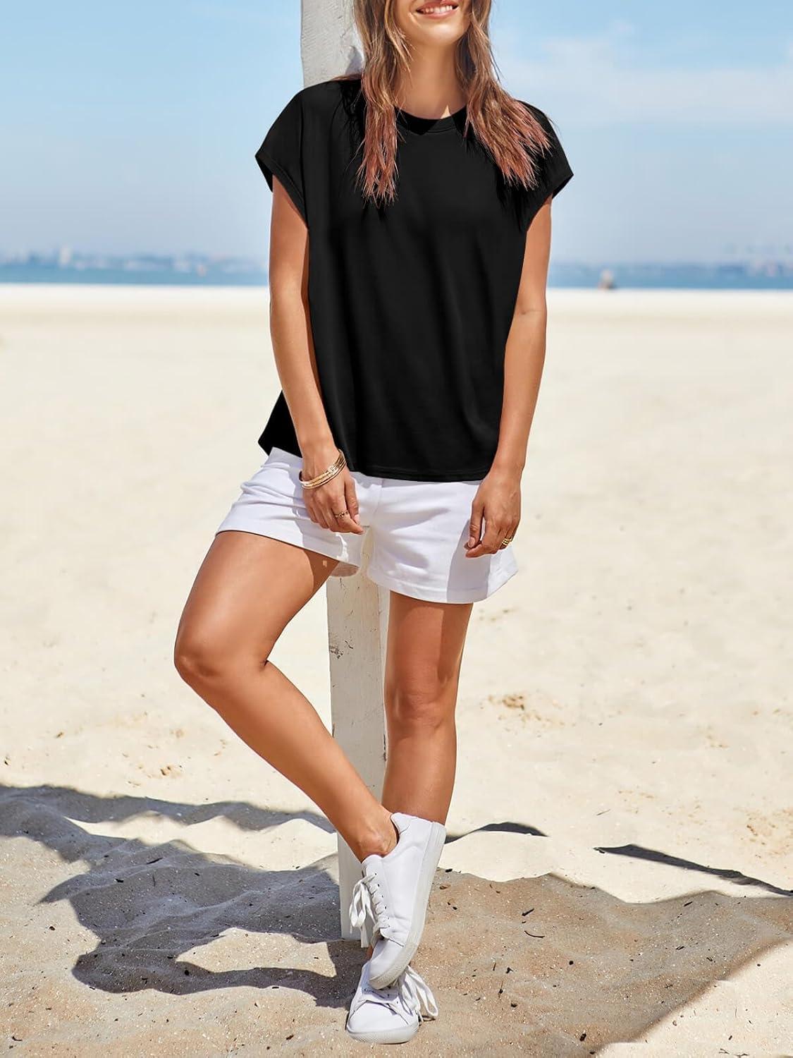 imageTankaneo Womens Cap Sleeve T Shirts Summer Casual Loose Fit Tops Crew Neck Basic TeesBlack