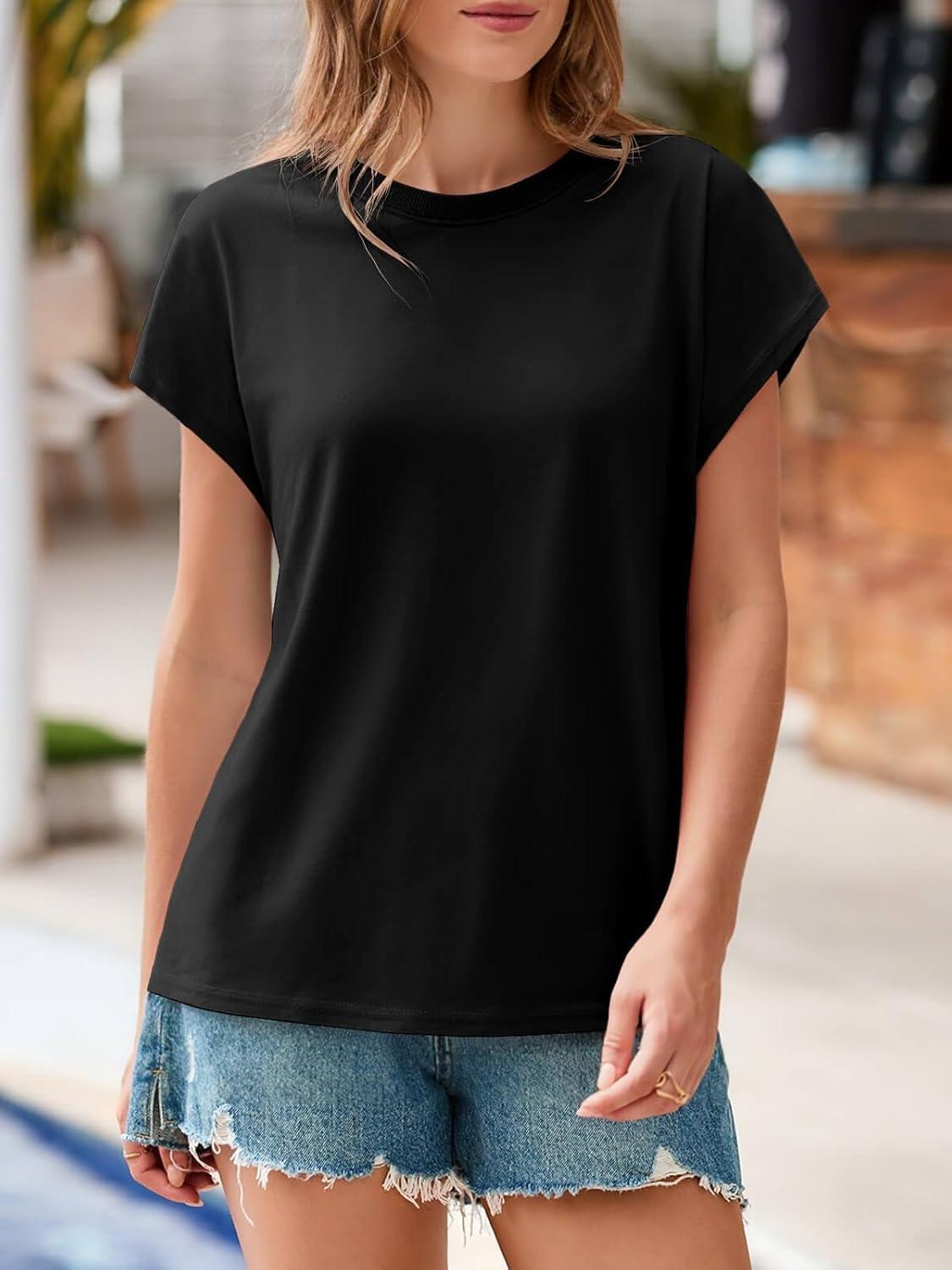 imageTankaneo Womens Cap Sleeve T Shirts Summer Casual Loose Fit Tops Crew Neck Basic TeesBlack